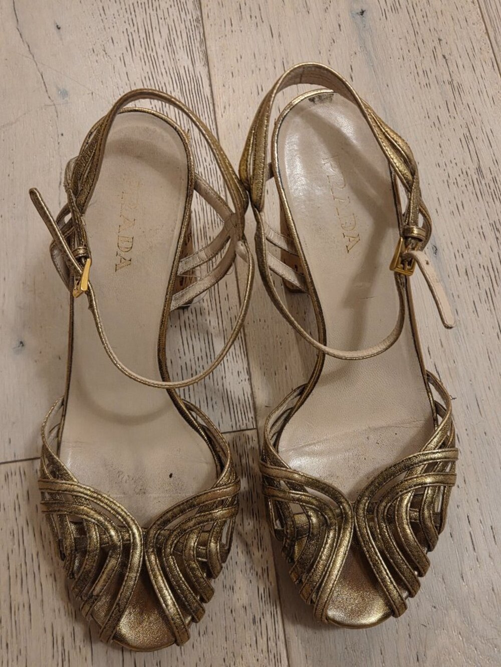 PRADA Metallic Gold Bronze Strappy Cork Block Heel Sandals - Size 40 / 10 US